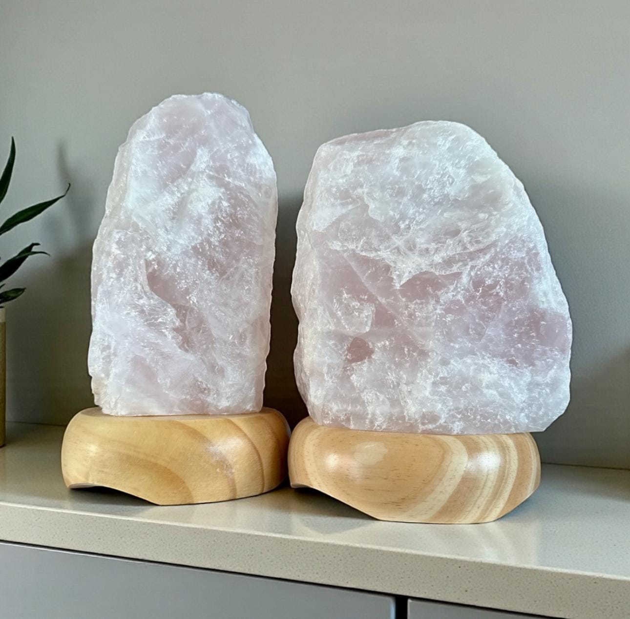 Rose Quartz Crystal Lamp - 1.4kg-1.8kg: On wooden Stand, E14 LED Bulb and Mains Plug
