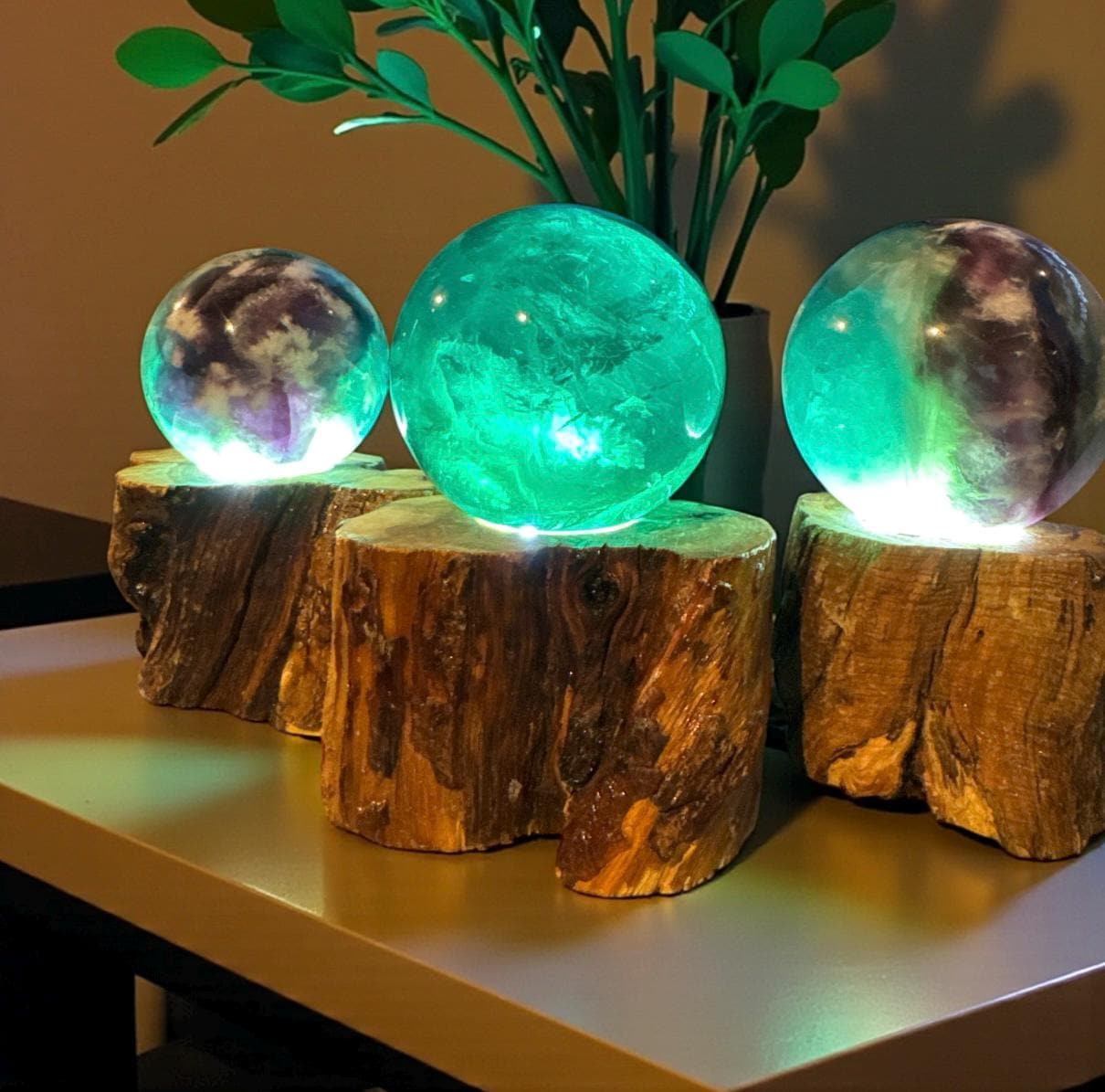 Feather Fluorite Sphere USB Lamp on Wooden Branch Base.