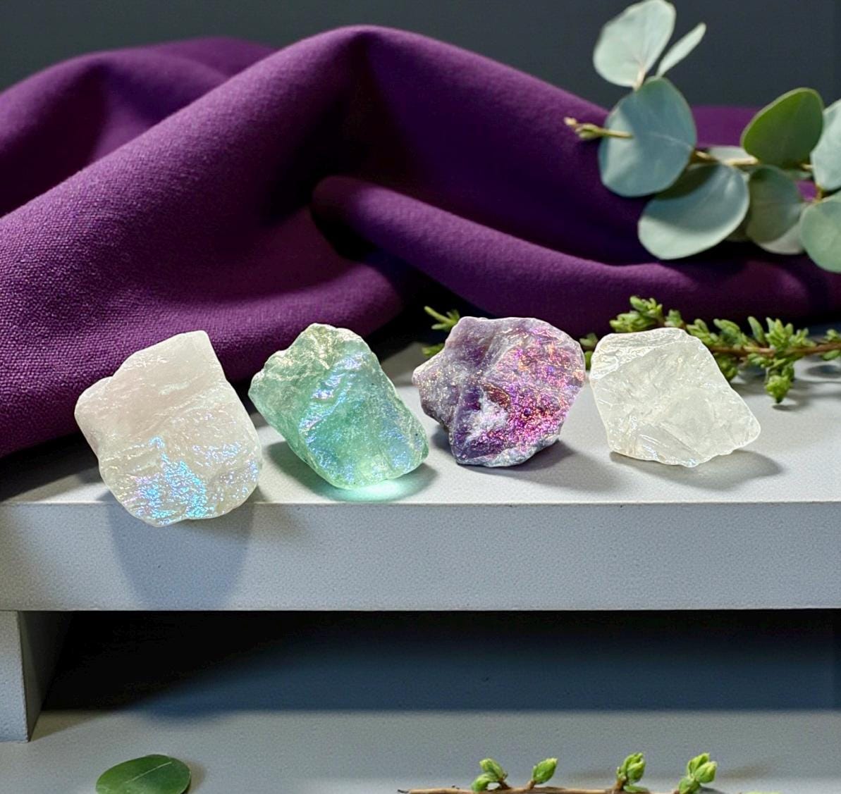 Aura Crystal Set – Raw Amethyst, Rose Quartz, Fluorite, Angel Quartz