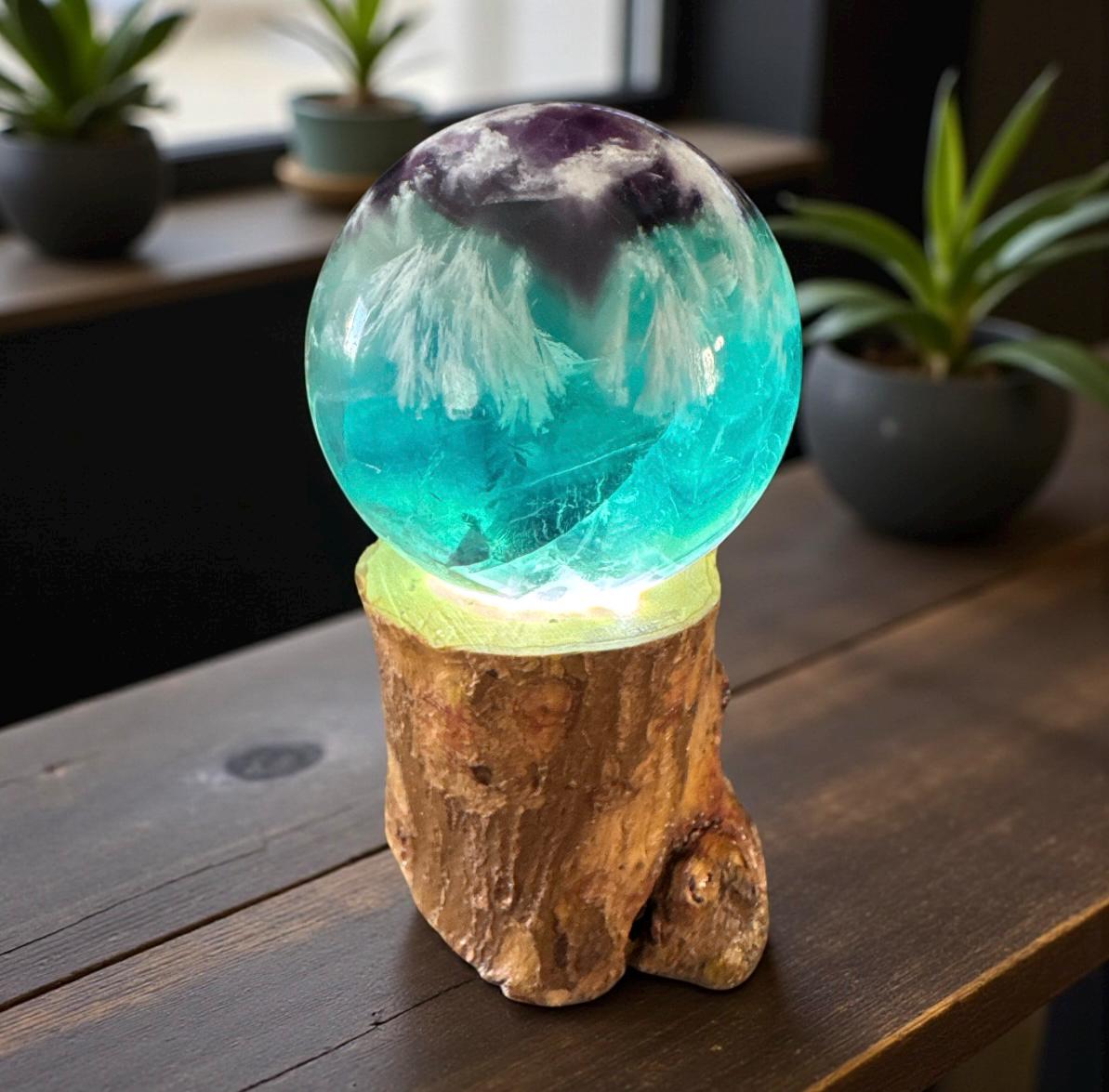 Feather Fluorite Sphere USB Lamp on Wooden Branch Base.