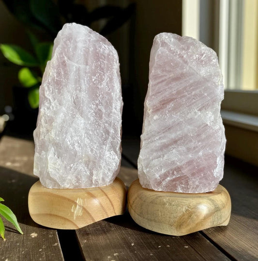 Rose Quartz Crystal Lamp - 1.4kg-1.8kg: On wooden Stand, E14 LED Bulb and Mains Plug