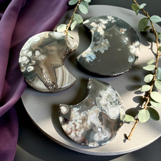 Black Flower / Blossom Agate Crescent Moon: Rare Growth Crystal Carving