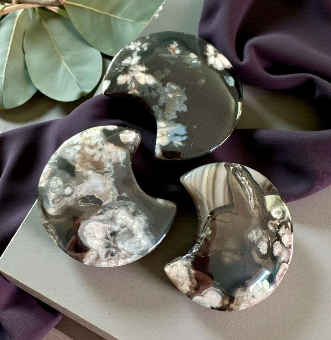 Black Flower / Blossom Agate Crescent Moon: Rare Growth Crystal Carving