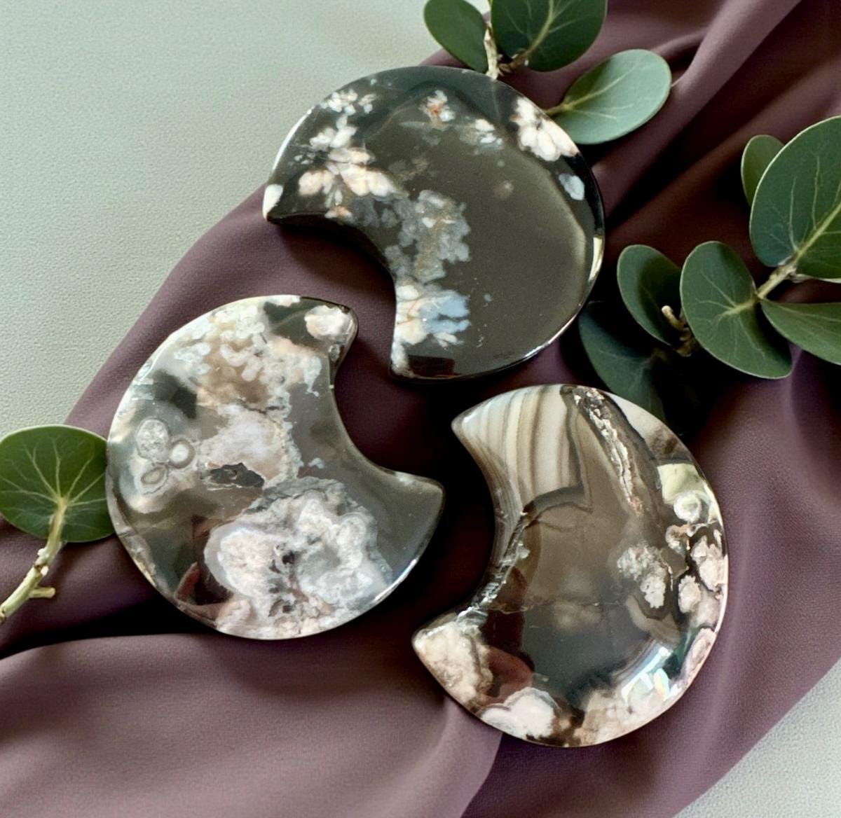 Black Flower / Blossom Agate Crescent Moon: Rare Growth Crystal Carving