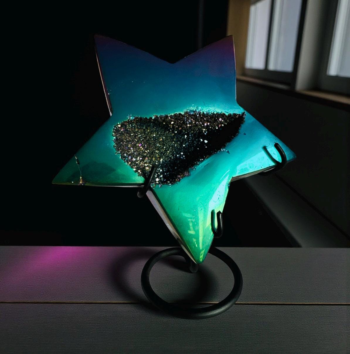 Aura Agate Druze Star Crystal: Titanium Star on Stand – 15cm