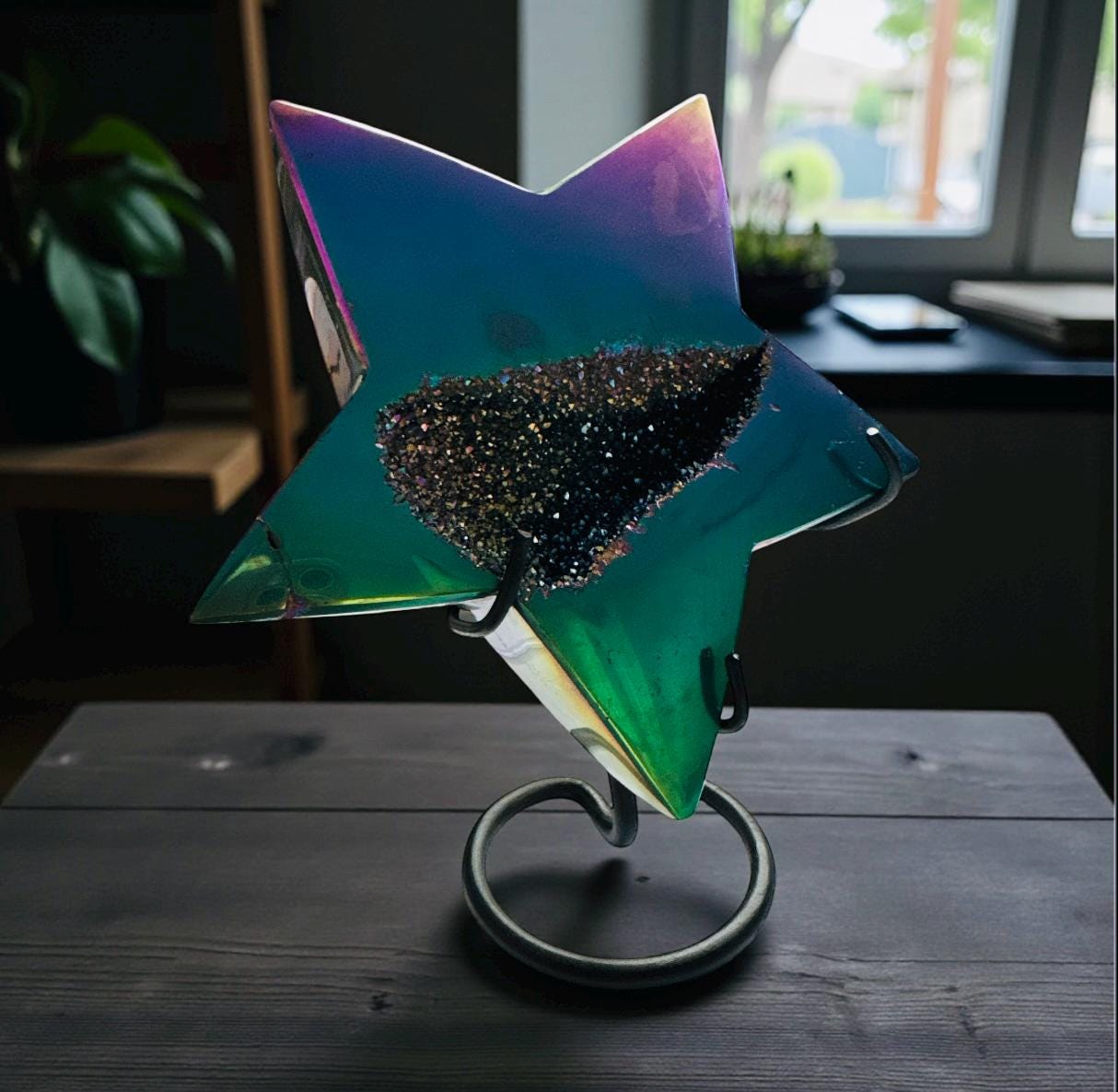 Aura Agate Druze Star Crystal: Titanium Star on Stand – 15cm