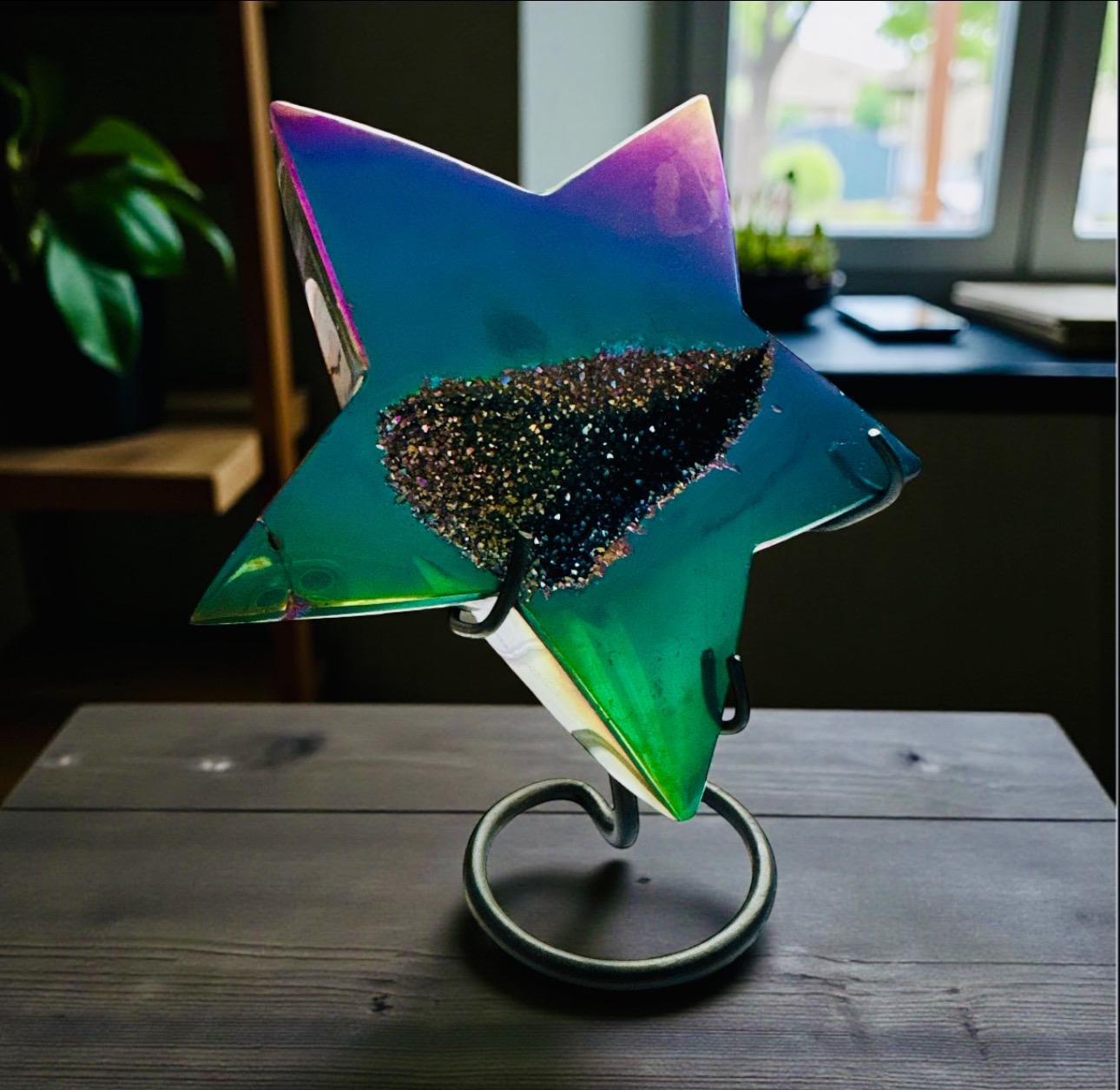 Aura Agate Druze Star Crystal: Titanium Star on Stand – 15cm