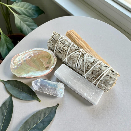 Smudge Cleansing Set – Abalone Shell • Selenite Stick • Palo Santo • Sage Bundle