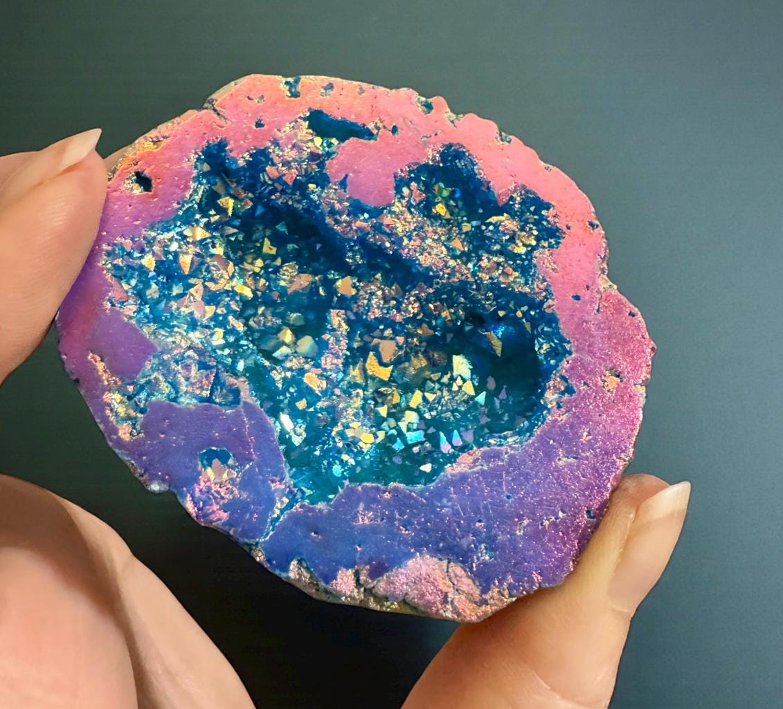 Aqua Aura and Pink Aura Quartz Geode: Northern Lights Crystal Gift