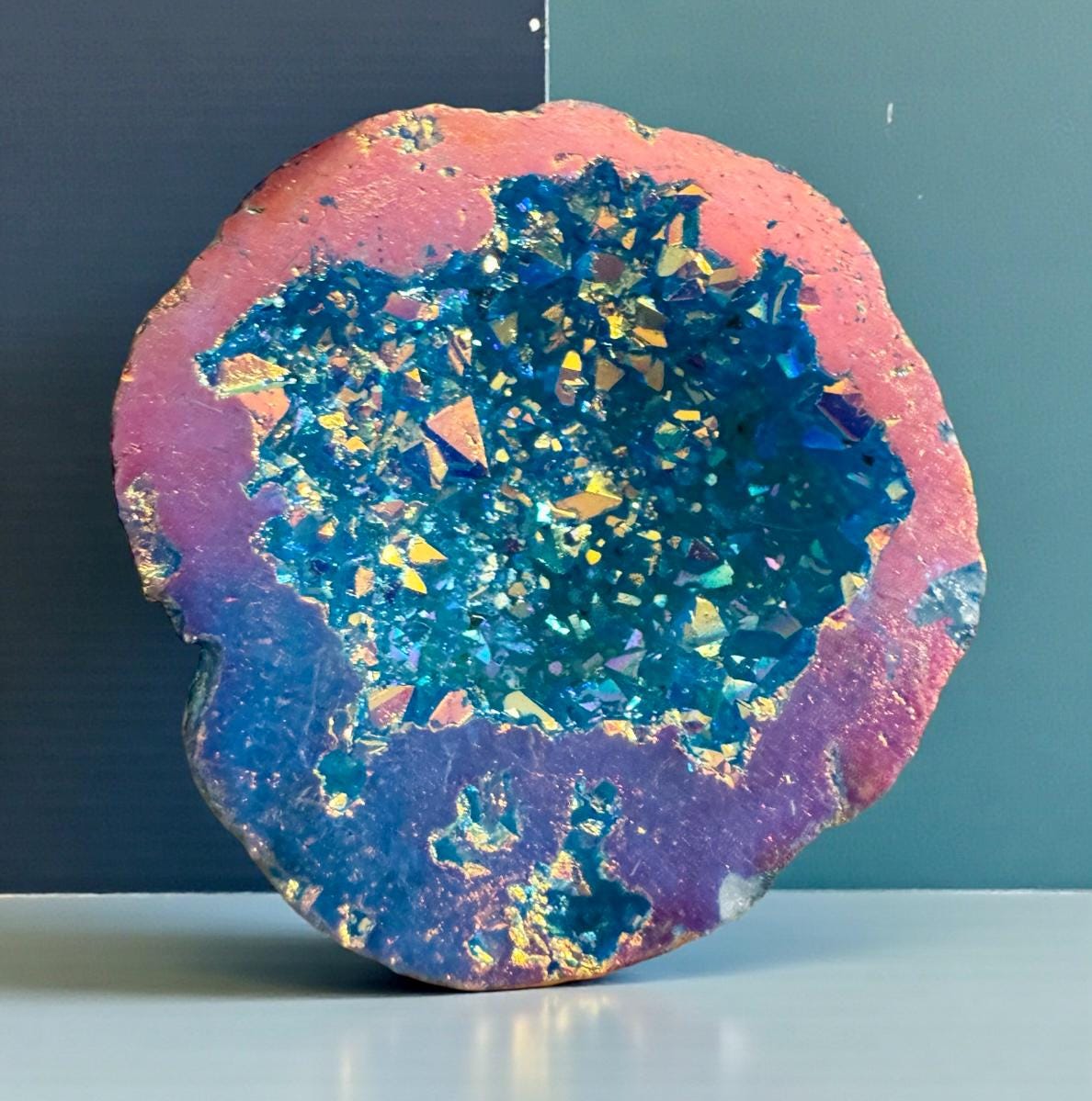 Aqua Aura and Pink Aura Quartz Geode: Northern Lights Crystal Gift