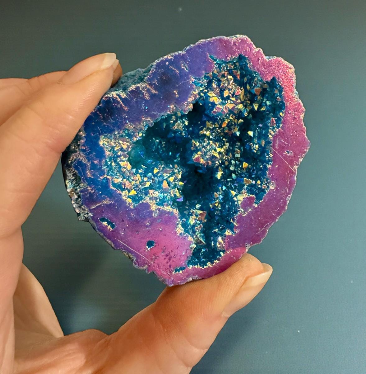 Midnight Blue and Pink Aura Geode: Midnight Sparkle Crystal, Gift Boxed