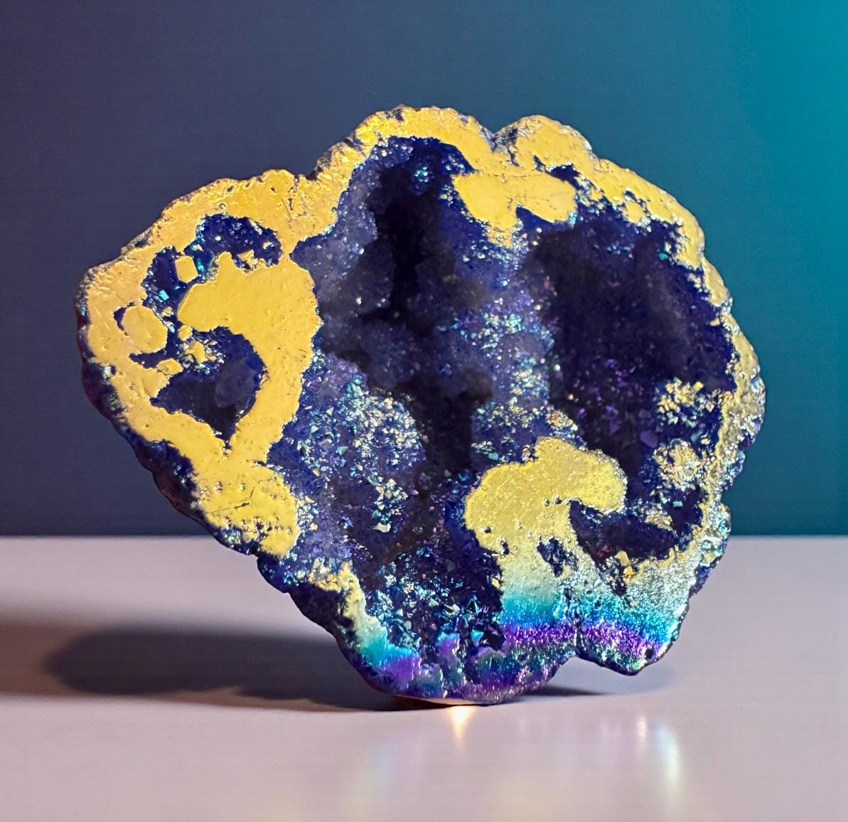 Midnight Blue and Sunset Aura Geode: Midnight Sparkle Crystal, Gift Boxed