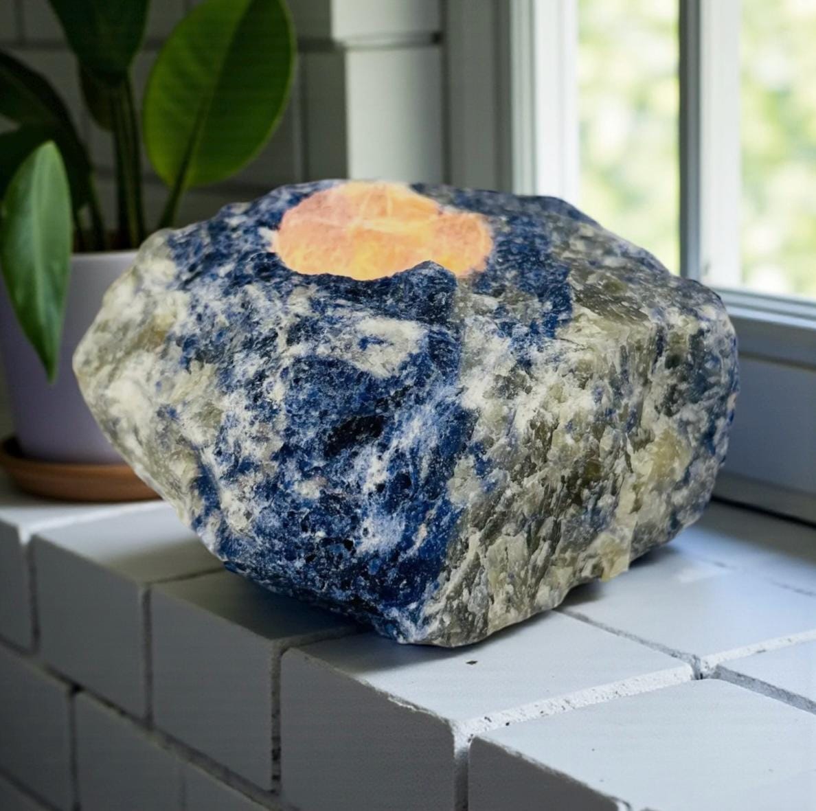 Raw Sodalite Crystal Candle Holder: Tranquility & Cosmic Energy