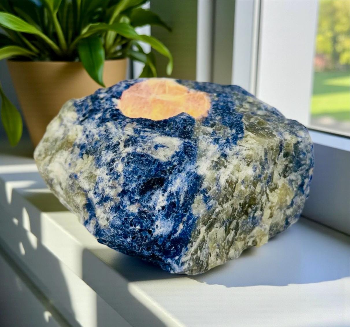 Raw Sodalite Crystal Candle Holder: Tranquility & Cosmic Energy