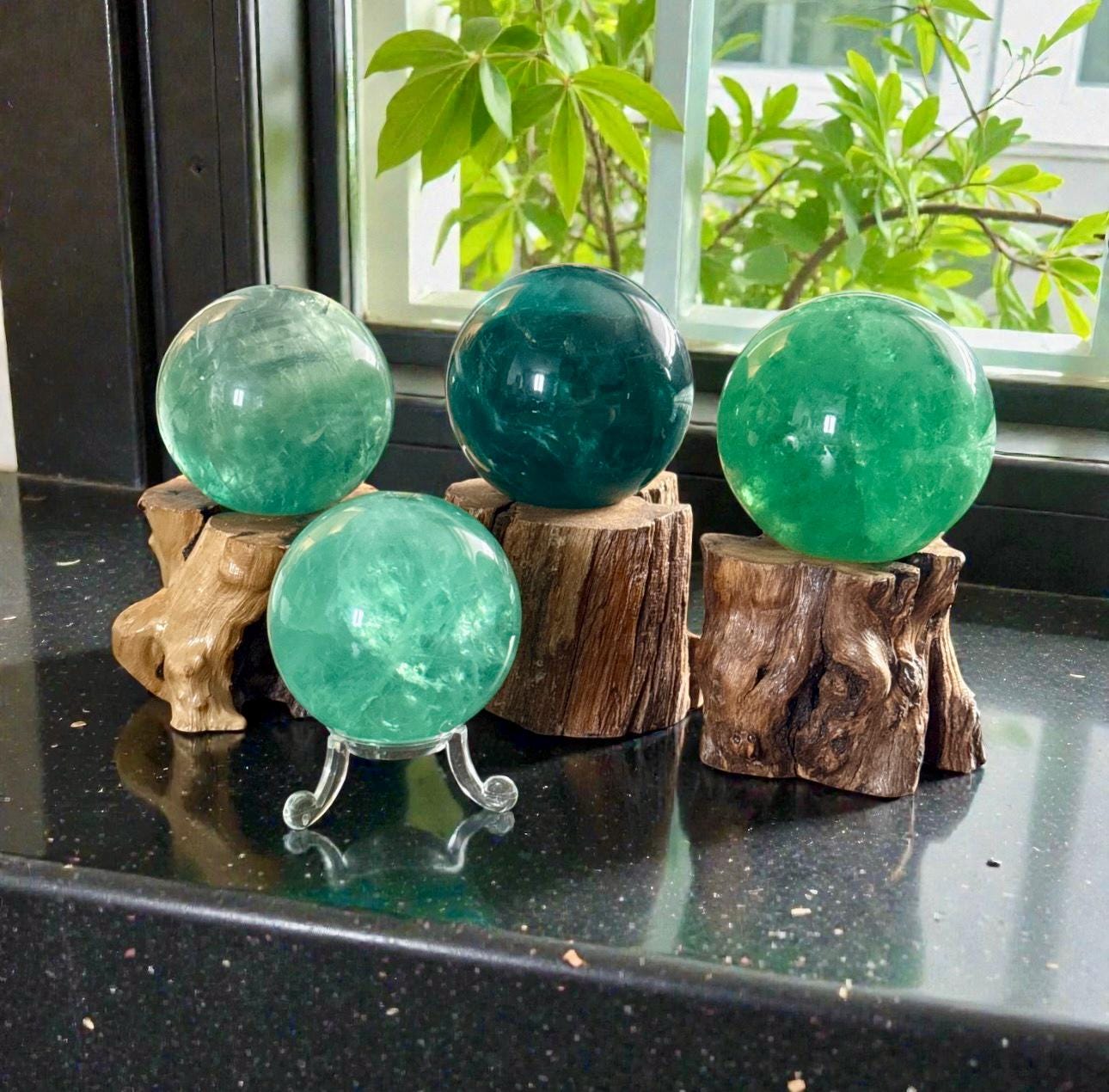 Green Fluorite Sphere Lamp, Wooden Branch Base, USB Powered