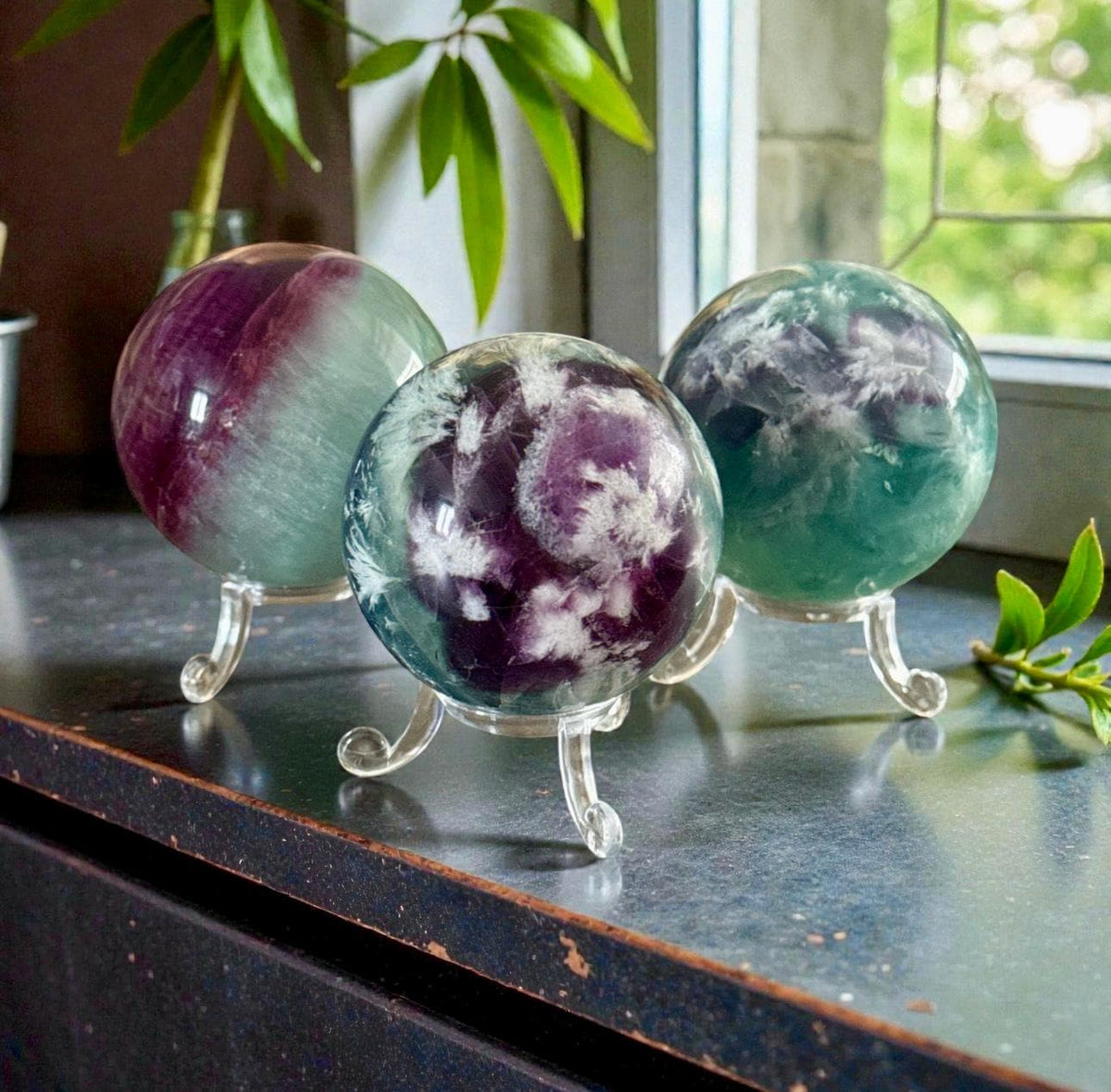 Feather Fluorite Crystal Sphere (55-65mm) – Dreamy Polished Stone, Optional LED Stand