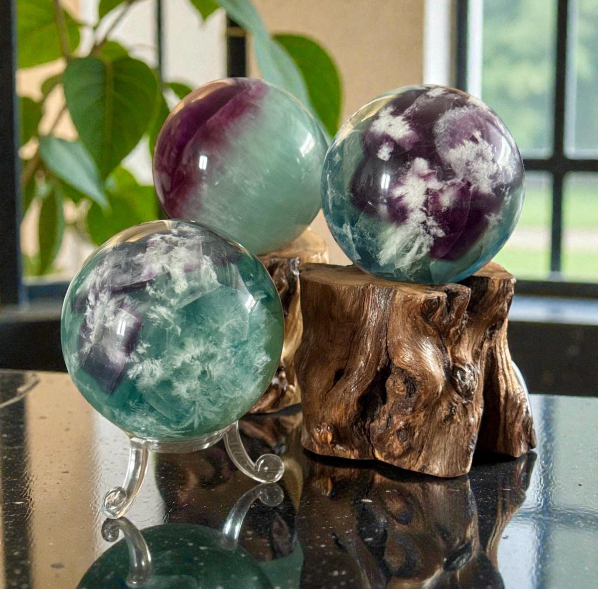 Feather Fluorite Crystal Sphere (55-65mm) – Dreamy Polished Stone, Optional LED Stand