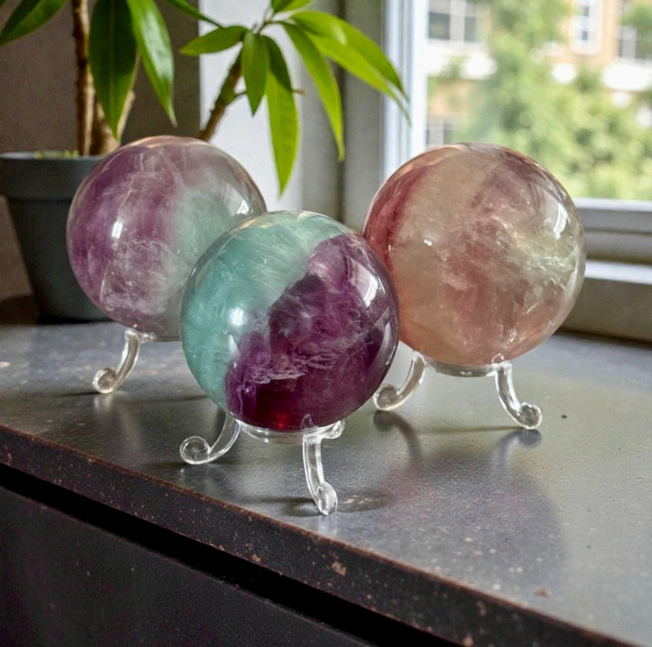 Watermelon Fluorite Sphere – Healing Crystal, Optional Light Stand (55-65mm