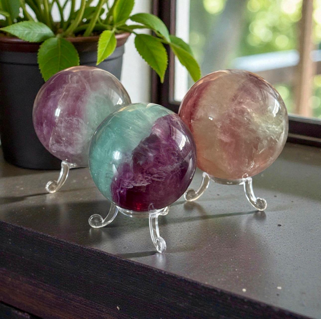 Watermelon Fluorite Sphere – Healing Crystal, Optional Light Stand (55-65mm