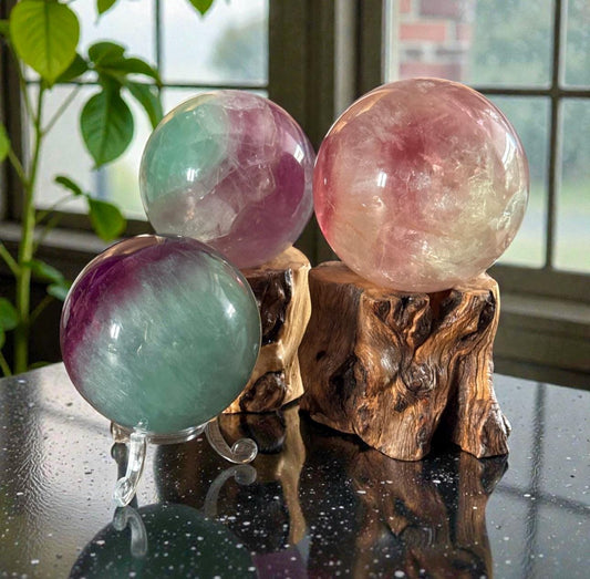 Watermelon Fluorite Sphere – Healing Crystal, Optional Light Stand (55-65mm