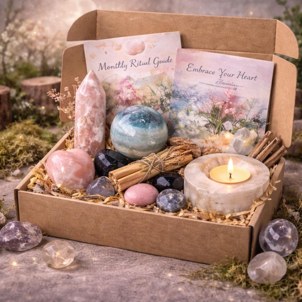 Pink Moon Crystal Box, Rose Quartz, Lepidolite Heart, Amethyst, Aquamarine Sphere