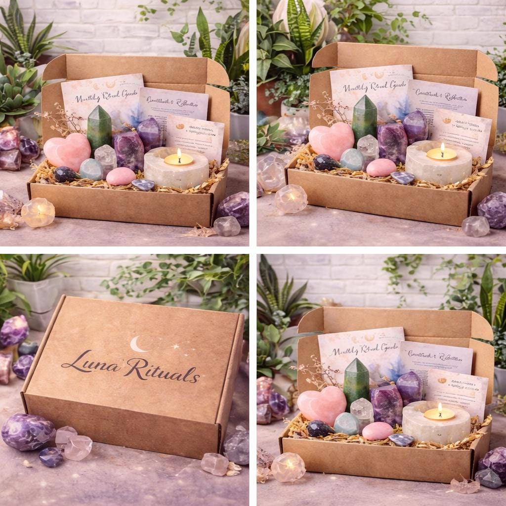 Pink Moon Crystal Box, Rose Quartz, Lepidolite Heart, Amethyst, Aquamarine Sphere