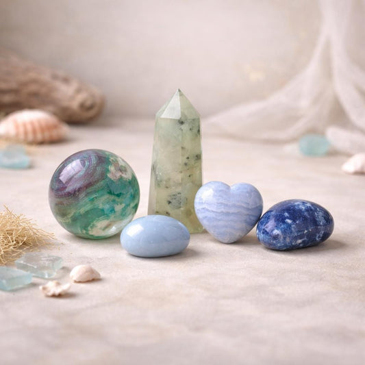 Scottish Coast Crystal Set – Fluorite Sphere, Agate Heart, Grounding Stones. Crystal Story Bundle 2.