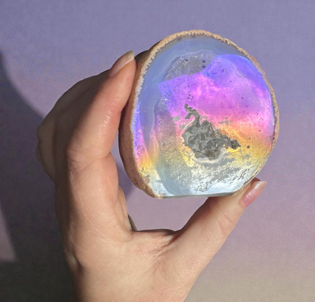 Aura Agate Geode Druze: Ethereal Standing Stone