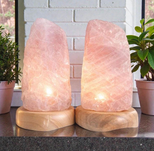Rose Quartz Crystal Lamp - 1.4kg-1.8kg: On wooden Stand, E14 LED Bulb and Mains Plug