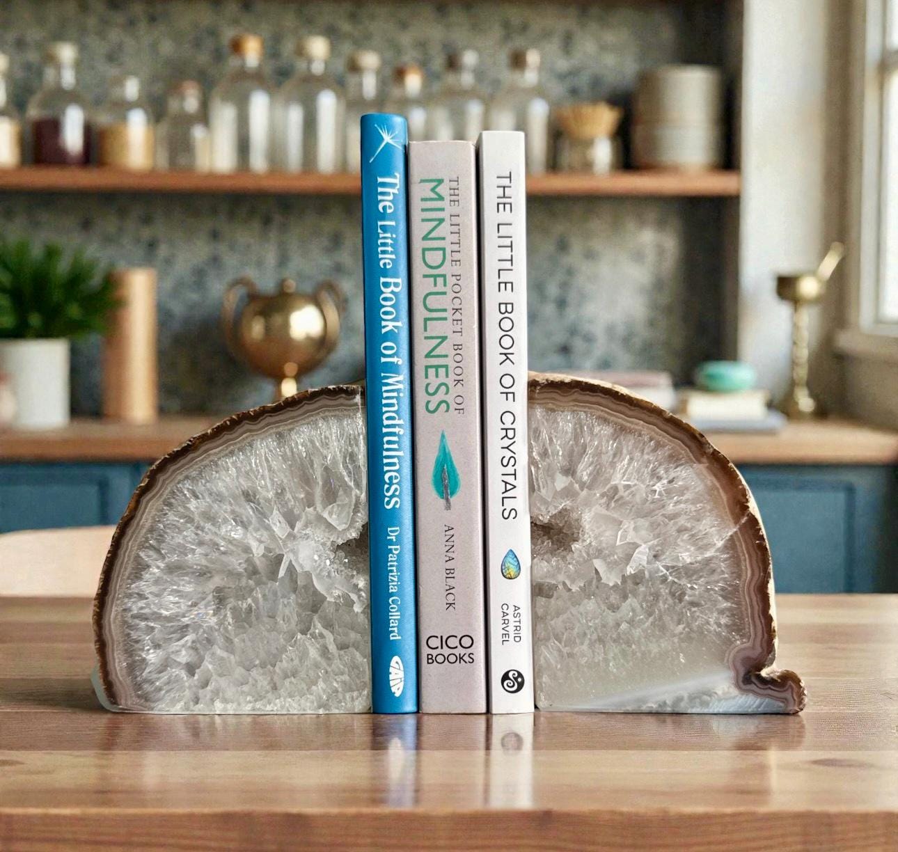 Natural Agate & Quartz Geode Bookends: Natural Crystal Book Ends