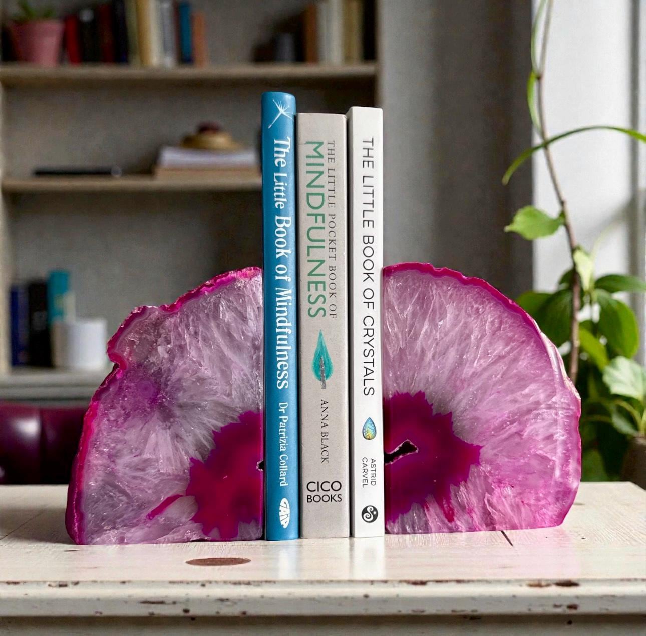 Pink Agate & Quartz Geode Bookends: Natural Crystal Book Ends - Set 1