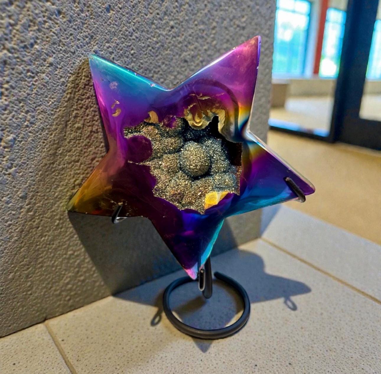 Aura Agate Druze Star Crystal: Titanium Star on Stand – 15cm