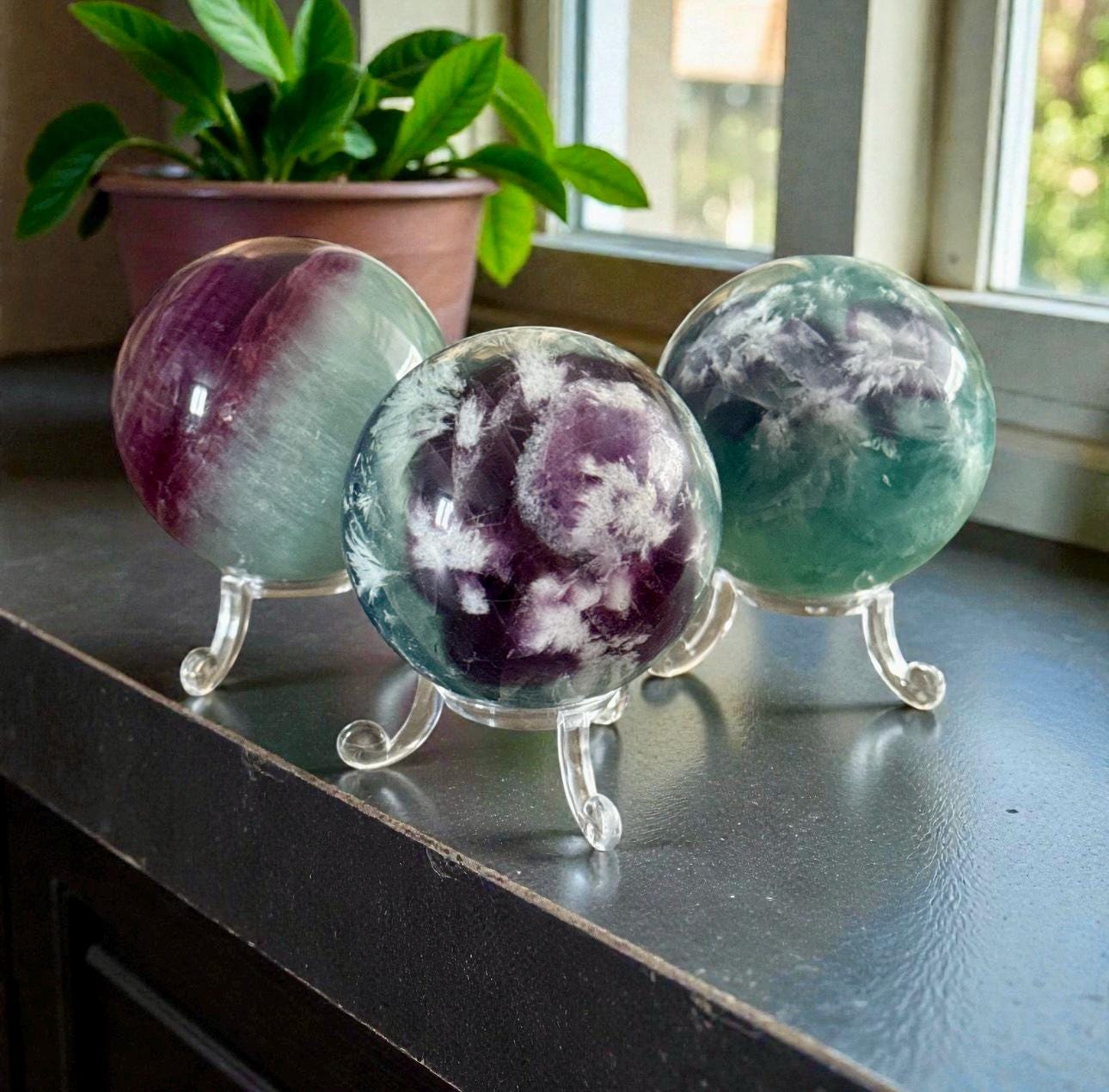 Feather Fluorite Crystal Sphere (55-65mm) – Dreamy Polished Stone, Optional LED Stand