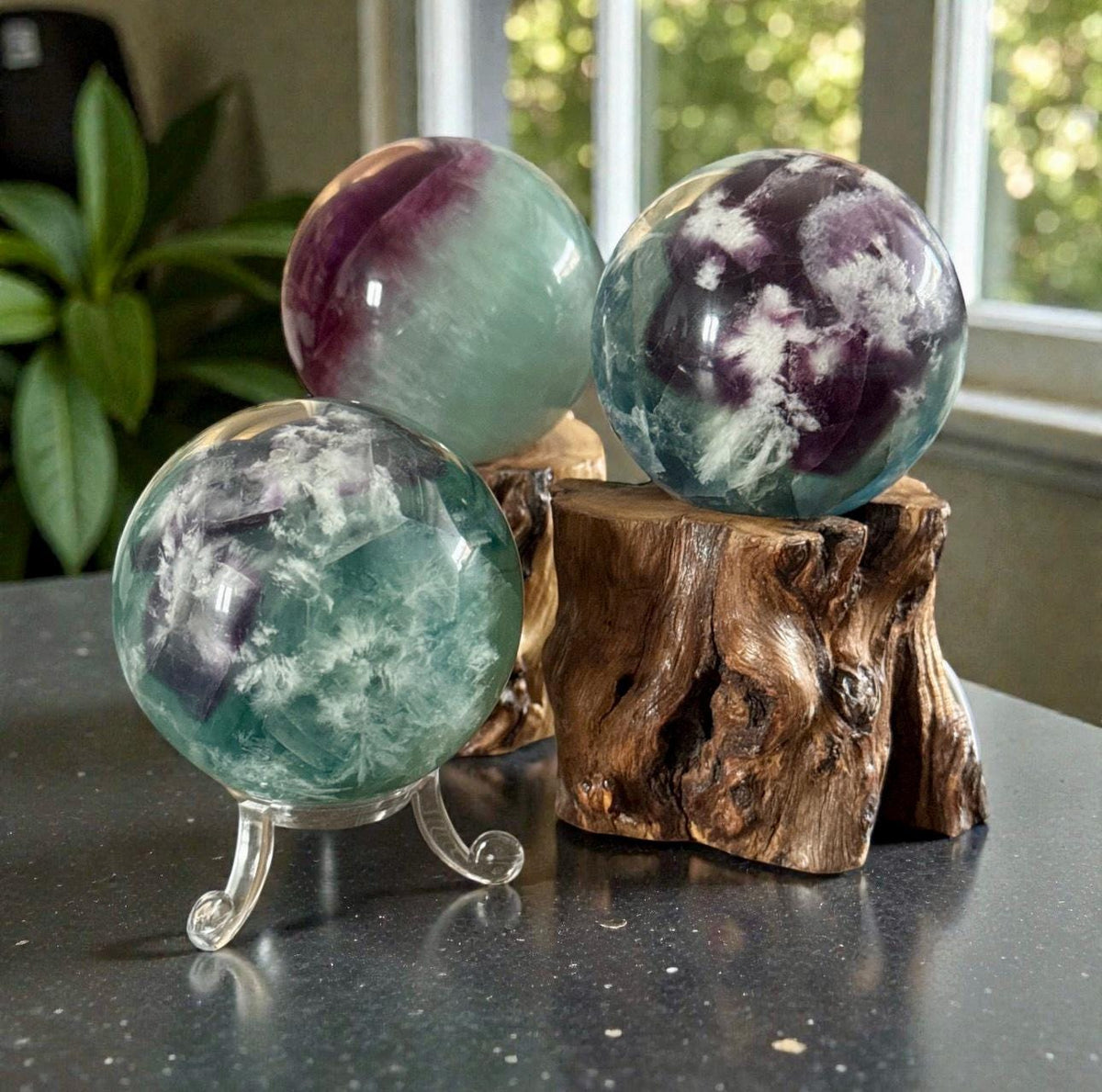 Feather Fluorite Crystal Sphere (55-65mm) – Dreamy Polished Stone, Optional LED Stand