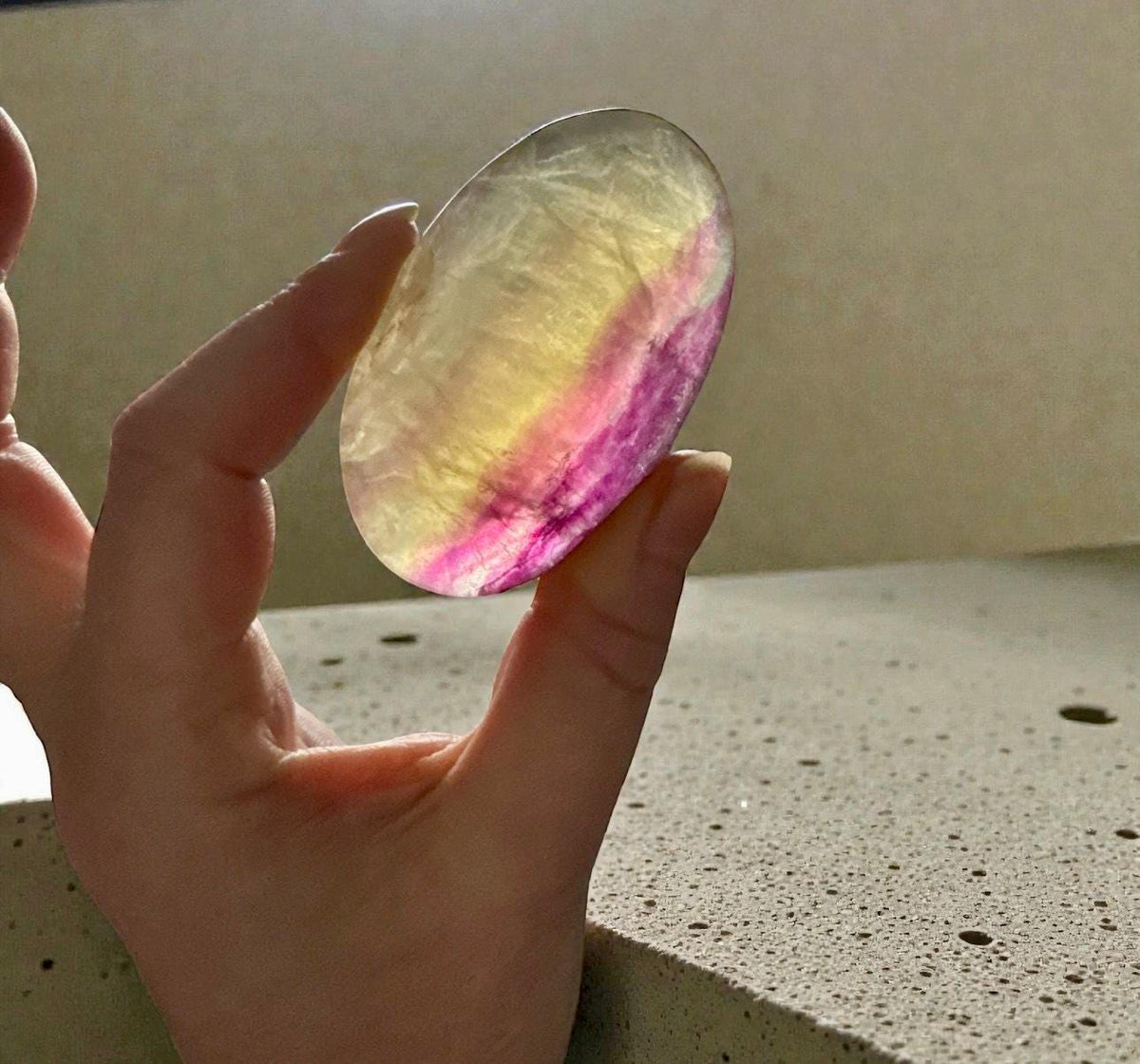 Candy Fluorite Palm Stone: Polished Healing Crystal for Focus & Calm