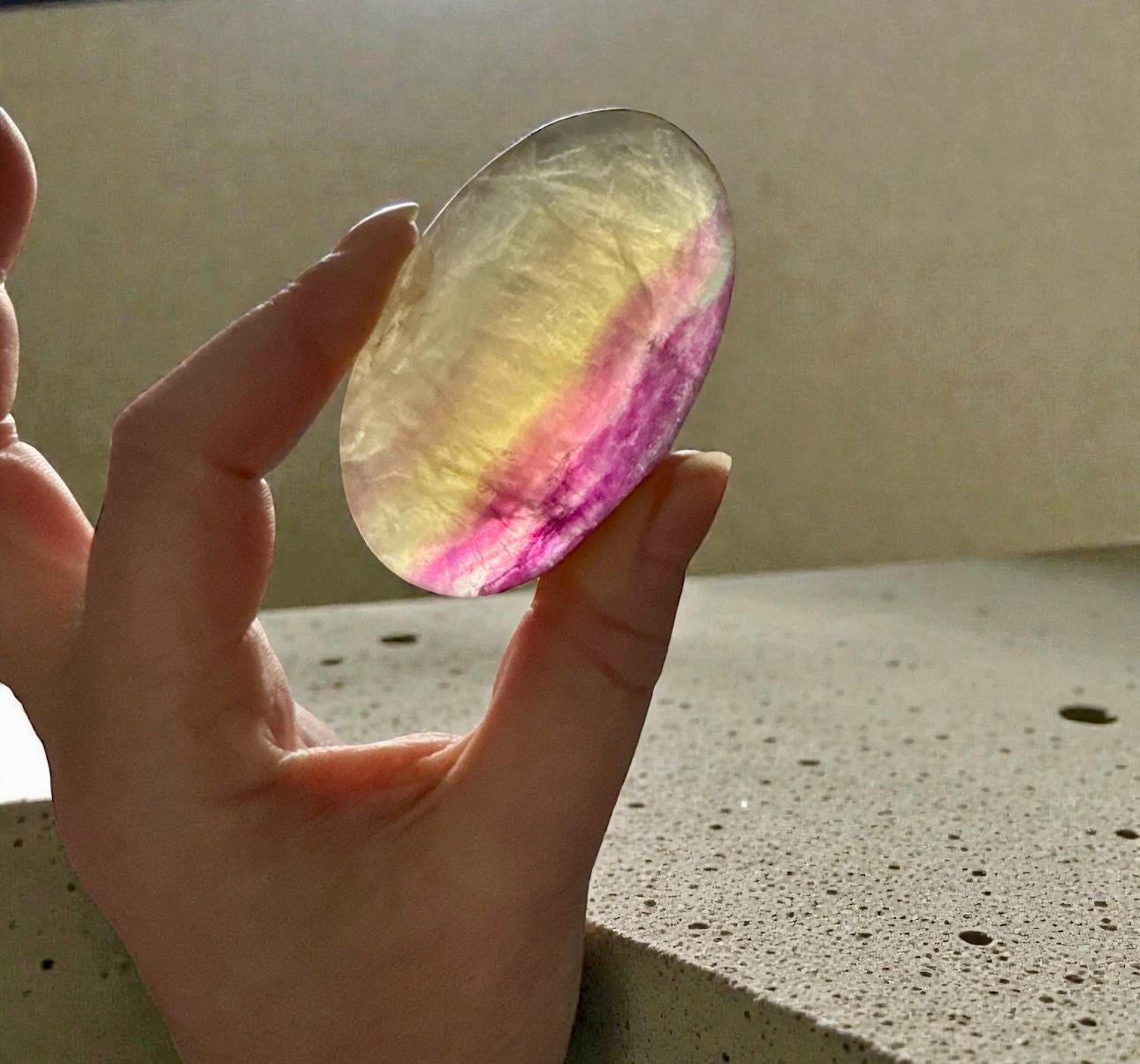 Candy Fluorite Palm Stone: Polished Healing Crystal for Focus & Calm