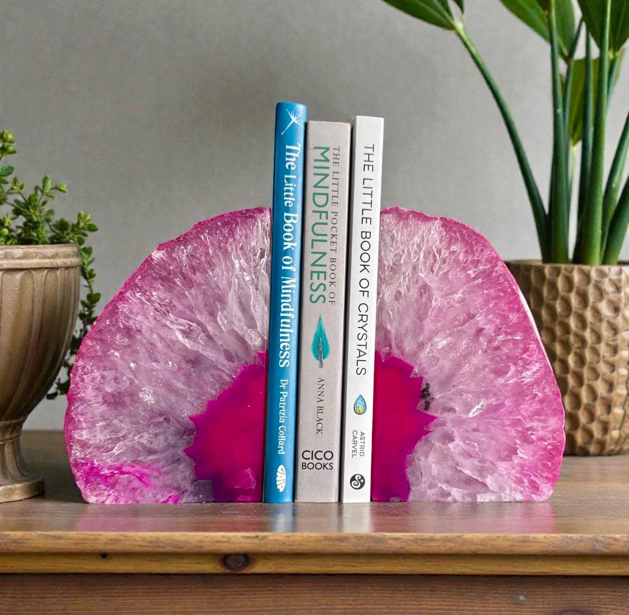 Pink Agate & Quartz Geode Bookends: Natural Crystal Book Ends - Set 2