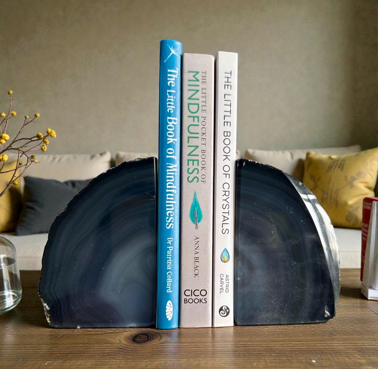 Natural Black Agate & Quartz Geode Bookends: Natural Crystal Book Ends