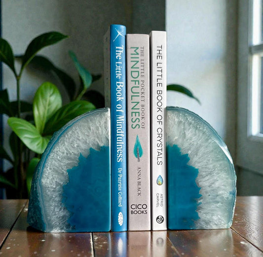 Teal/Green Agate & Quartz Geode Bookends: Natural Crystal Book Ends