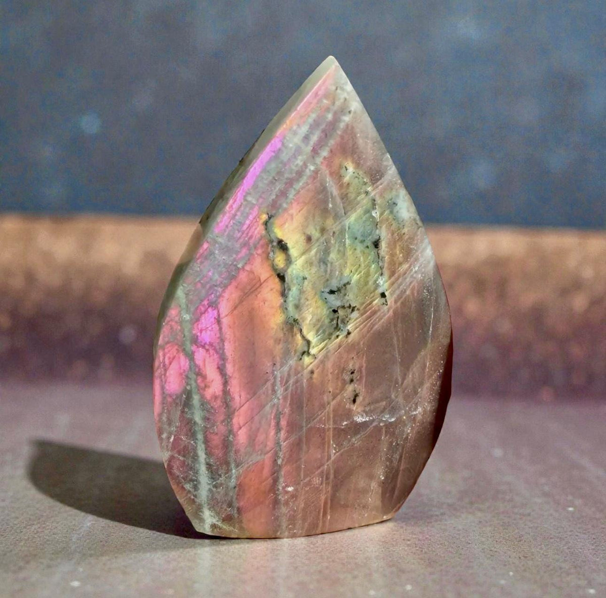 Polished Sunset Labradorite Crystal Flame : Pink, Purple, Gold Flash