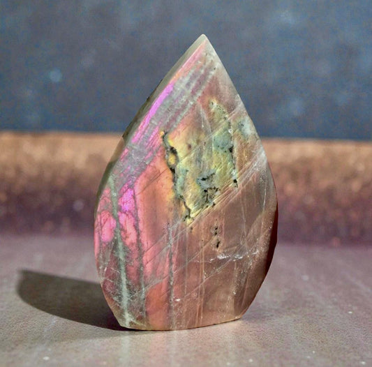 Polished Sunset Labradorite Crystal Flame : Pink, Purple, Gold Flash