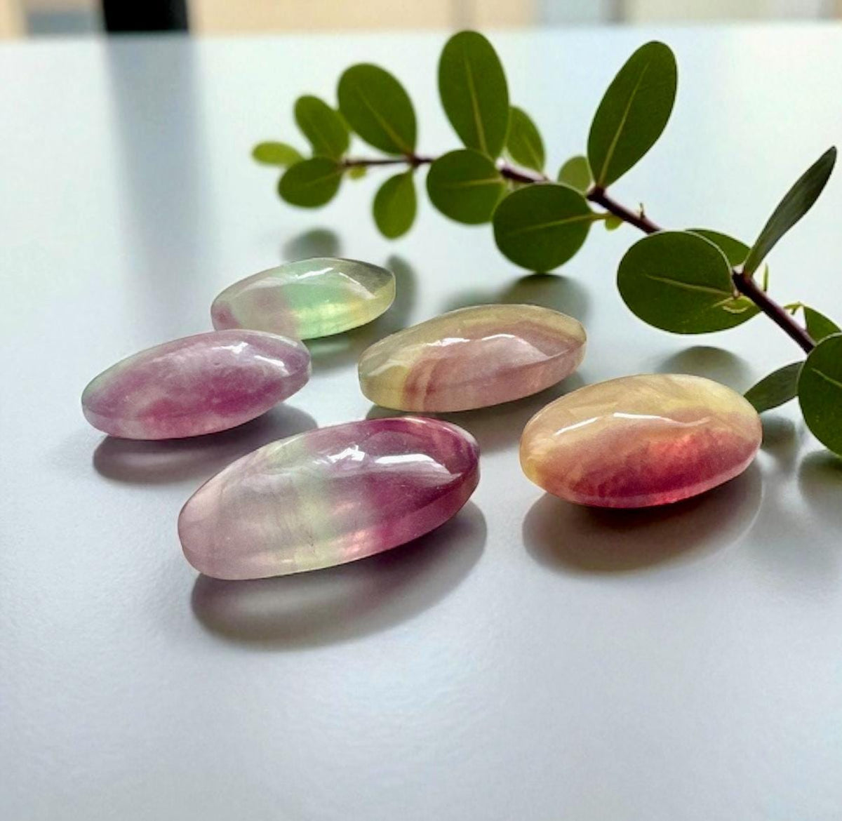 May include: Six oval fluorite stones in shades of purple, pink, yellow, and green. The polished stones are translucent and have a smooth surface. A sprig of green leaves is in the background. These stones are ideal for jewelry making or collecting.