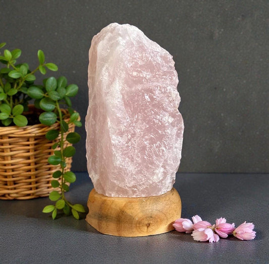 Rose Quartz Crystal Lamp - 1.4kg-1.8kg: On wooden Stand, E14 LED Bulb and Mains Plug