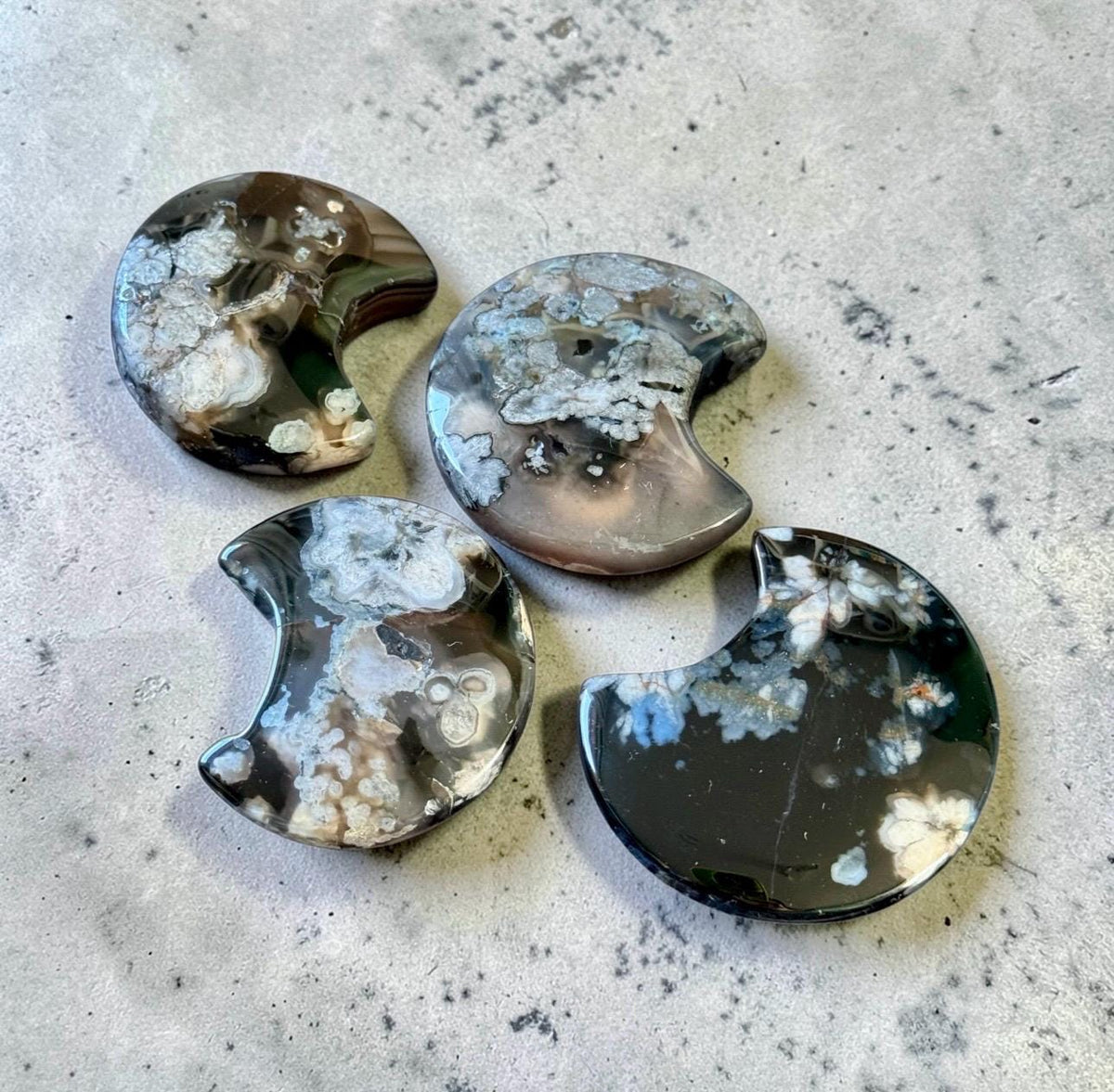 Black Flower / Blossom Agate Crescent Moon: Rare Growth Crystal Carving
