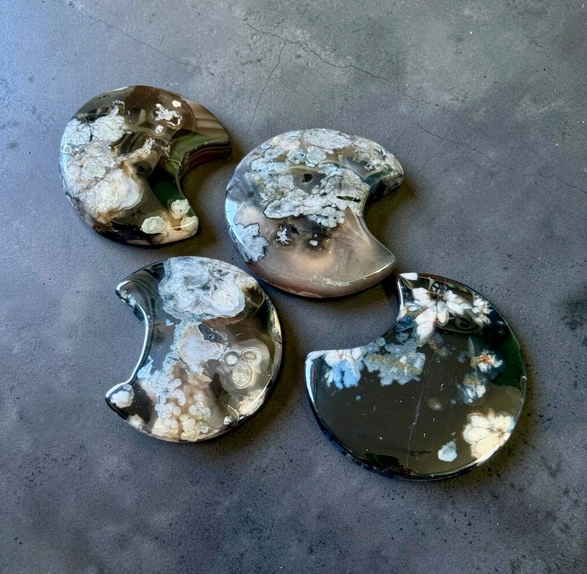 Black Flower / Blossom Agate Crescent Moon: Rare Growth Crystal Carving