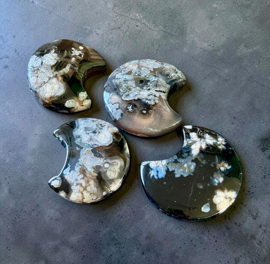 Black Flower / Blossom Agate Crescent Moon: Rare Growth Crystal Carving