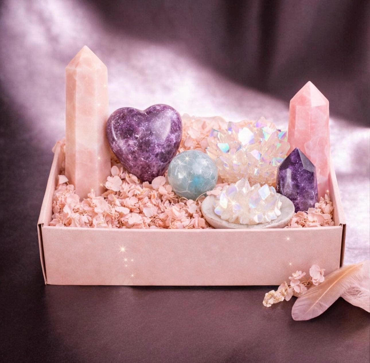 Pink Moon Crystal Box, Rose Quartz, Lepidolite Heart, Amethyst, Aquamarine Sphere