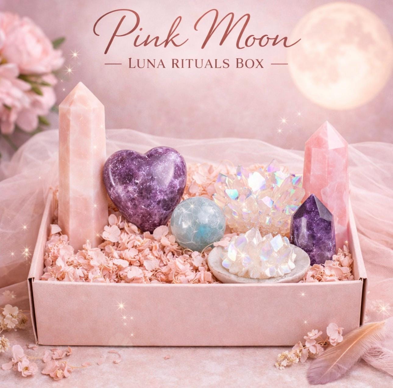 Pink Moon Crystal Box, Rose Quartz, Lepidolite Heart, Amethyst, Aquamarine Sphere