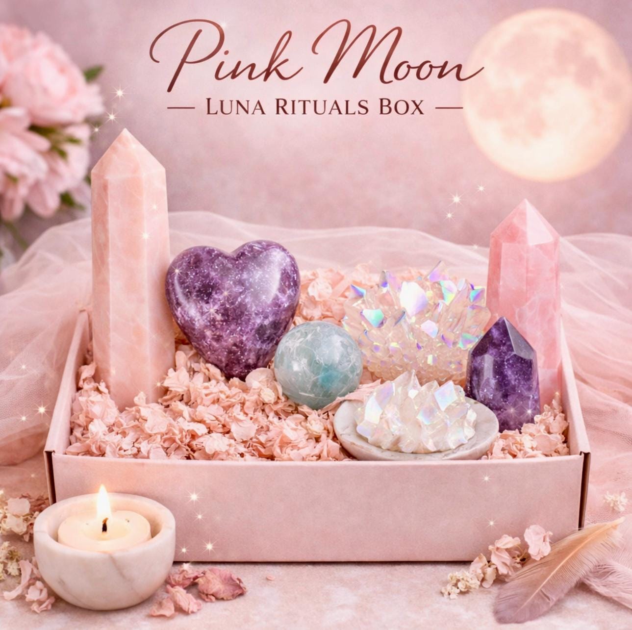 Pink Moon Crystal Box, Rose Quartz, Lepidolite Heart, Amethyst, Aquamarine Sphere