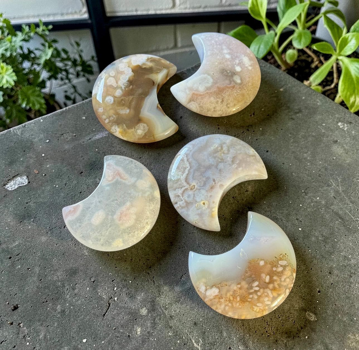 Flower\Blossom Agate Crescent Moon – Luna by Louise, Crystal Shop UK